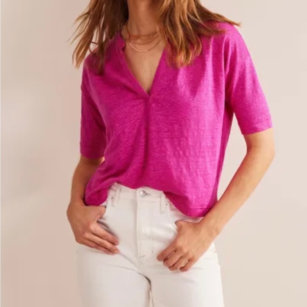 Boden linen pink boxy crop Henley tee, size 10